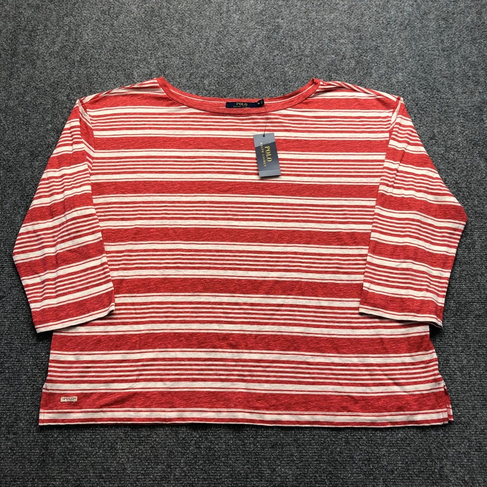 Polo Ralph Lauren Red Cream Striped Boat Neck 3/4 Sleeve Top XL NWT